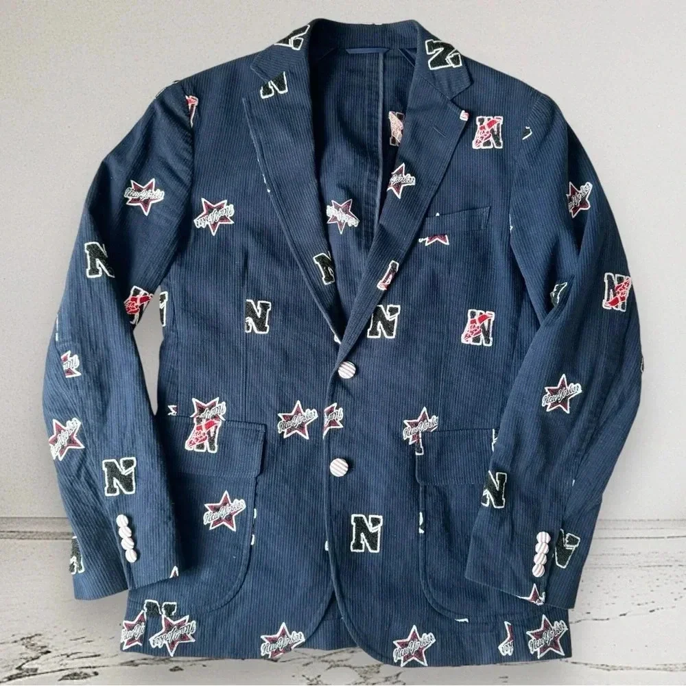 NEW YORKER by KEITA MARUYAMA Men’s Blazer Navy Corduroy Allover NY Patch Size 36